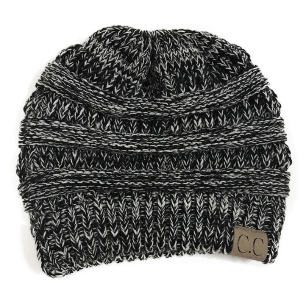 Womens Knit Beanie w/ Ponytail Cutout Black White